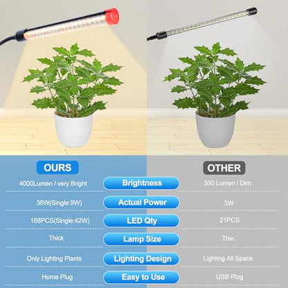 FECiDA 2026 4Head Table Top Grow Lights for Seed Starting, Indoor Plants, Bonsai, 36 Watt Power Draw, NO Need Adapter, 4/8/12/16/20H Timer, 16"-24" Height Adjustable - size: Desk-4Head-36W