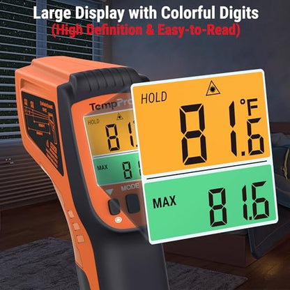 TempPro TempScan Infrared Thermometer Gun with 2 Laser for Pizza Oven Grill | 16:1 D:S Ratio Temperature Gun for Cooking HVAC Engine, Laser Thermometer Gun with Adjustable Emissivity Temp Gun -58℉-1022℉ - style: 2-Laser & D:S 16:1