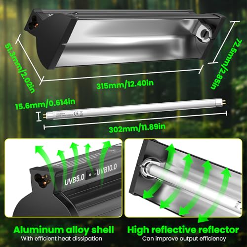Dual-Mode 8W T5 UVB Light for Reptiles, Switchable 5.0/10.0 UVB Light for Tropical & Desert Reptiles, 12.4inTerrarium Hood Fixture for Bearded Dragon, Gecko, Tortoise, Snake