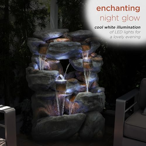 Alpine Corporation WIN1068 Outdoor Floor Rock Water Fountain with LED Lights, 5-Tier Rock Waterfall Fountain 54", Dark Brown - style: 54" H - 5-Tier Cool White LEDs