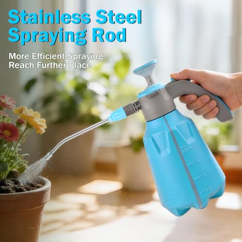 Hand Pump Sprayer 1/2 Gallon, Leak-Proof Plant Mister Spray Bottle | 2L Handheld Garden Pressure Sprayer, Lockable Spray Switch Design, Adjustable Nozzle, Extended Spray Rod, Lawn and Garden