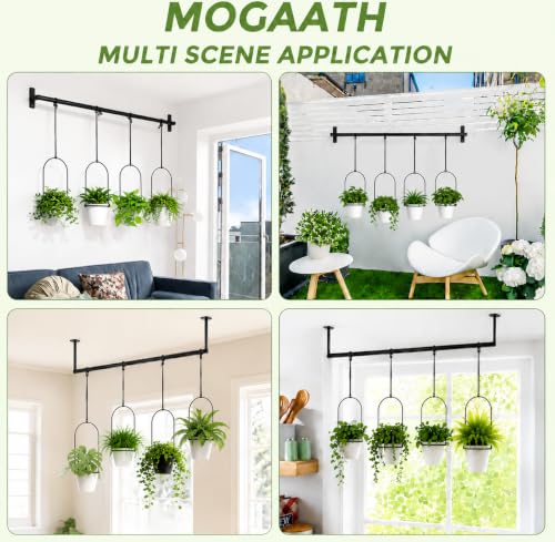 Window Plant Hanger with 4 Pots, 40 Inch Adjustable Hanging Planters for Indoor Plants, Metal Wall/Ceiling Plant Rod for Herbs, Flowers, Kitchen, Apartment & Balcony, Black