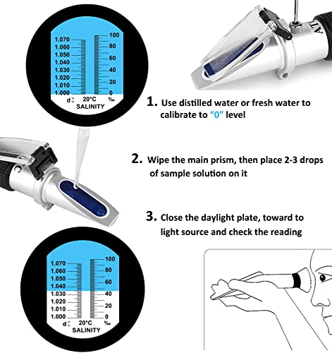 Salinity Refractometer for Aquarium Seawater Marine Fishkeeping | Salinity Tester 0-100PPT & 1.000-1.070 Salinity Hydrometer Slatwater Refractometer with Automatic Temperature Compensation