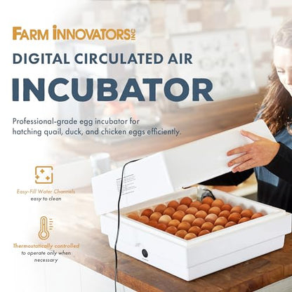 Farm Innovators 4250 Digital Circulated Air Incubator with Egg Turner | 4 dozen egg capacity; auto turner; integrated fan; digital display w/temperature, humidity, days to hatch; large window; 40W
