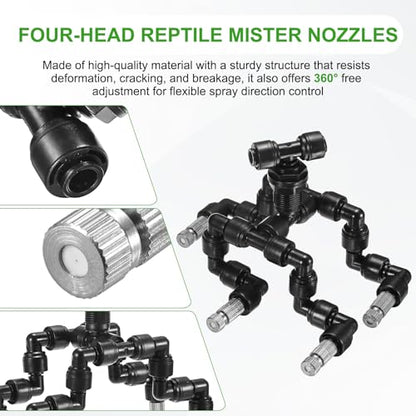 M METERXITY Reptile Mister Nozzles, 0.3mm Pore Copper 1/4" Four-Head Reptile Misting Spray Nozzle with filter Plug for Terrarium/Vivarium, 360 Degree Adjustable Nozzle [Black]