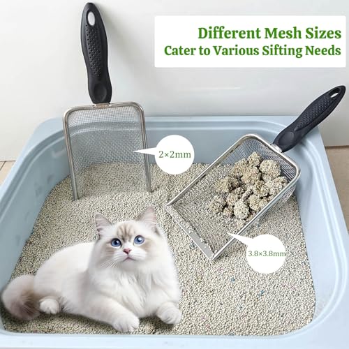 2Pcs Metal Litter Scooper Stainless Steel Metal Cat Litter Poop Scoop with 2.0mm & 3.8mm Mesh,Litter Cleaner Sifter for Cat,Dog,Kitty,Rabbit,Hamster, Reptile