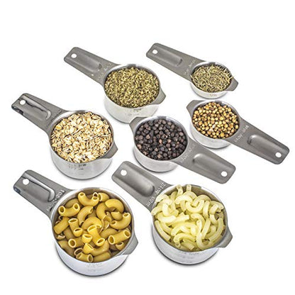 7-Piece 18/8 Stainless Steel Measuring Cups Set, Silver | Includes 1/16, 1/4, 1/3, 1/2, 2/3, 3/4 and 1 Cup, Engraved US and Metric Markings, Pour Spouts and Ring Connector - color: Silver, size: 7 Piece