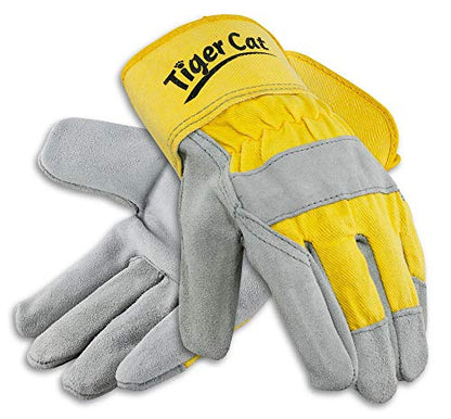 Galeton Tiger Cat Premium Leather Palm Gloves Safety Cuff Yellow 12 Pack 2112, Large (2112-L) - color: Gray/ Yellow, size: Large (Pack of 12)