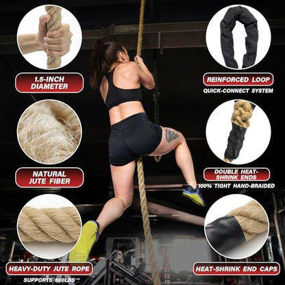 Climbing Rope Gym Workout - 10FT 15FT 20FT 25FT 30FT 35FT Heavy Duty Jute Thick Ropes for Adults Strength Training Outdoor Tree Swing Indoor Home Fitness Exercise - 1.5 Inch - size: 10FT
