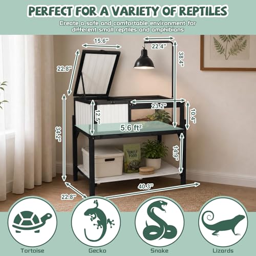 Large Tortoise Habitat with Adjustable Lamp Stand, Wooden & Plastic Turtle Enclosure with Viewing Window, Pull-Out Tray, Storage Shelf, 2-Room Indoor Outdoor Reptile House for Tortoises & Small Pets - size: 40.3"L x 22.8"W x 34.2"H