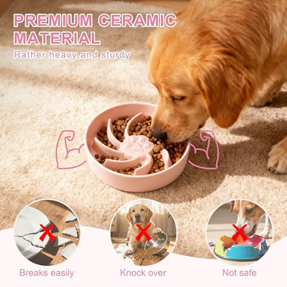 Ceramic Slow Feeder Dog Bowl, 3 Cup Dog Food or 25oz Water, Slow Eating Bowl for Middle Breed, Maze Puzzle Feeder for Fast Eaters, Anti-Choking Stop Bloat, Non-Slip BPA Free (Pink) - color: Pink
