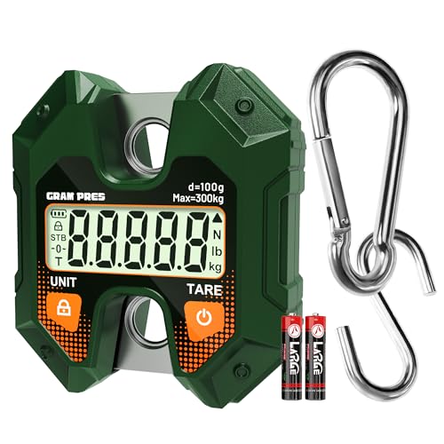 GRAM PRES Digital Hanging Scale 660LB/300KG,Handheld Mini Crane Scale,Deer Hunting Scales,Digital Luggage Scale with Hooks for Farm，Fishing, Fish, Meat，Game,Outdoor.