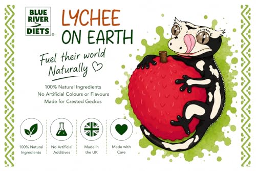 Blue River Diets Complete Crested Gecko Food | All-Natural Gecko Food Made in the UK | 70% Real Fruit | 2.1oz | 60g Lychee on Earth Flavor