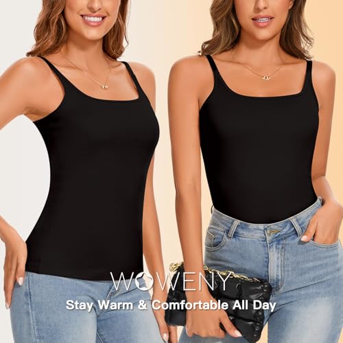 WOWENY Women's Thermal Tank Tops Sleeveless Underwear Tops Adjustable Straps Winter Camisole Fleece Shirts Warm Vest - color: Adjustable Straps-black, size: Medium