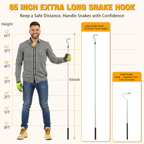 2pcs Snake Hook Set, Heavy Duty Snake Catcher Stainless Steel Snake Handling Tool for Moving Ball Rattlesnakes Python Copperhead with Long Handle (65inch&26inch) - size: 65inch&26inch