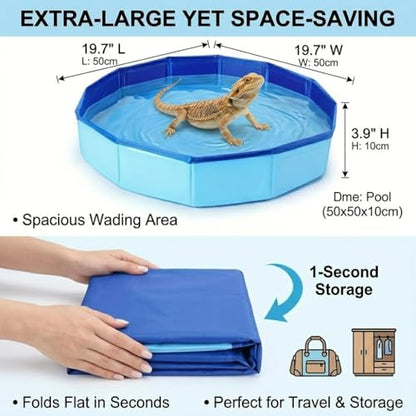 Trynellis Large Electric Bearded Dragon Pool with U-Shaped Shower - 19.7" Foldable Bearded Dragon Bathtub & Automatic Water Dispenser - Anti-Leak, Swimming Bath Accessories for Lizards & Turtles