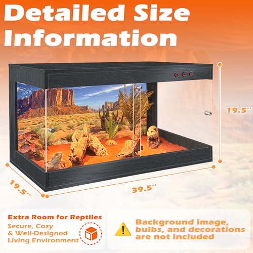ROYXEN Reptile Tank, 64 Gallons Reptile Enclosure with Lockable Design, Tempered Glass Bearded Dragon Tank for Lizard Habitat, Soild Wood Built-in Sockets (Black, 40"x20"x19.5") - color: Black, size: 40"x20"x19.5"