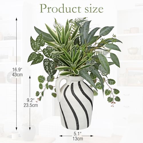 Artificial Greenery Arrangement with Cement Vase, Fake Potted Plants in Rustic Jug Planter, Faux Leaf Bouquet for Table Centerpiece, Farmhouse Home Decor, Dining Room, Living Room, Shelf Decoration
