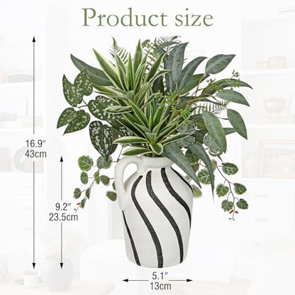 Artificial Greenery Arrangement with Cement Vase, Fake Potted Plants in Rustic Jug Planter, Faux Leaf Bouquet for Table Centerpiece, Farmhouse Home Decor, Dining Room, Living Room, Shelf Decoration