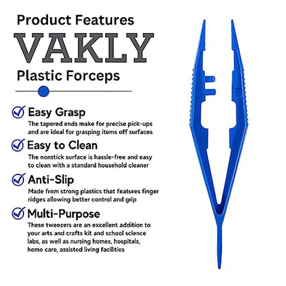 Vakly Disposable Plastic Forceps Tweezers Blue (10 Pack) – Serrated Tip Pickup Tweezers with Finger Ridges & Narrow Points for First Aid, Medical, Lab, Crafts & School Science