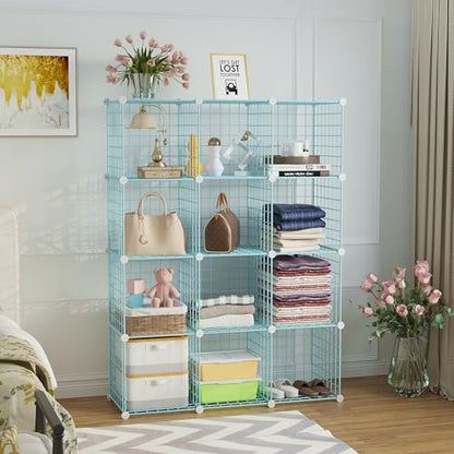 C&AHOME Wire Cube Storage, 12 - Cube Organizer Metal C Grids, Closet, Blue | Modular Shelves Units Storage Bins Shelving Bookshelf Shelf Cabinet - color: Blue