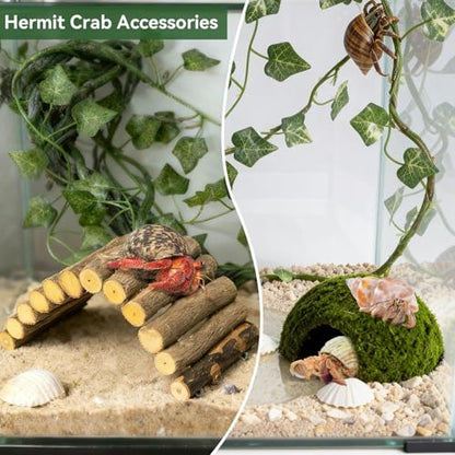 Hermit Crab Accessories, Hermit Crab Climbing Toys, Bendable Rope Bridge Wooden Shell Hideout Hut Plants for Reptile Amphibians Hermit Crab Tank Accessories Supplies
