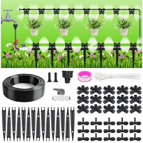 50FT Drip Irrigation System Kit, Garden Watering System | with Quick Connectors 1/4 inch Drip Tubing & Quick Connect Fittings Adjustable Mist, Watering System for Outdoor Plants