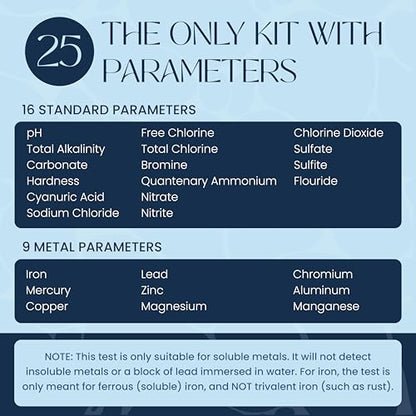 Clario - 25 in 1 Water Tester for Drinking Water - Water Hardness Test Kit for Aquarium, Well, Pool, and Hot Tub - 100 Complete Drinking Water Test Kit - Detects Lead, Chlorine, pH, Hardness and More