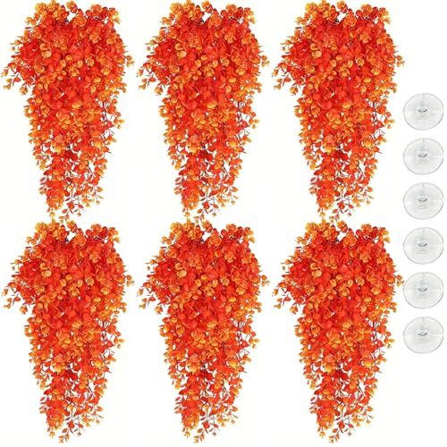Hamiledyi 6 PCS Fake Reptile Plants Hanging Fake Plants, Plants for Reptiles with Suction Cup, Fake Amphibian Plants for Bearded Dragon Lizard Geckos Chameleon Tank (Orange) - color: Orange, size: 6 PCS