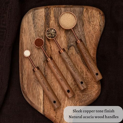 Copper Stainless Steel Measuring Cups and Spoons Set of 8, Wooden Handle with US and Metric Measurements