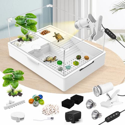 GOZILLA Small Turtle Tank Kit+Water Pump+Lamp, Acrylic Turtle Tank Starter Kit with Adjustable 5W Water Pump and Timing/Dimming Lamp, Multi-Functional Area for Small Turtles(White Kit). - color: White Kit