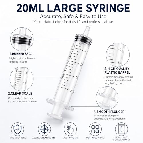 10 Pack 20ml Syringe for Liquid - Large Plastic Syringes Without Needle for Food Thick Liquids and Irrigation Water, Lip Gloss Filling,Measuring ( 10 Pack 20 ml / cc ) - size: 01-20ml 10PC