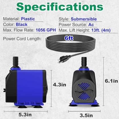 Submersible Water Pump 1056GPH Pond Pump for Fountains | 13ft Lift, 9.8ft Power Cord, Ultra Quiet, Over Heating Protection for Pond, Fountain, Hydroponic, waterfall, Aquarium - size: 1056GPH Adjustable flow