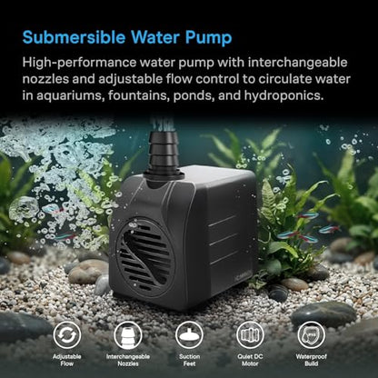 AC Infinity 850 GPH Submersible Water Pump (3218 L/H 36W) | Ultra Quiet Fountain Pump w/ 3 ft High Lift, 5 ft Power Cord, for Fish Tanks, Aquariums, Fountains, Statuaries, Ponds, Pools - size: 850 GPH