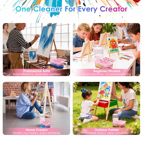 Paint Brush Washer, Deep-Clean Leak-Proof Kit with Palette | Includes: 5 canvases, 20 brushes & case, 400ml clean/500ml waste tank, durable ABS, ideal gift for beginners/students, pink - color: Pink