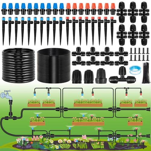 240FT Drip Irrigation System Kits - Automatic Garden Watering Sprinkler with 1/2 & 1/4 inch Tubing Hose Patio Misting Plant Irrigation Water Equipment Quick Connector for Greenhouse Flower Beds Lawn - size: 240FT:33FT Main tube+207FT 1/4 tube