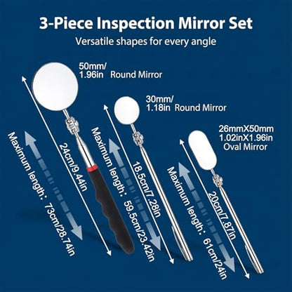 3 Pcs Stainless Steel Extendable Mechanic Mirror, Telescoping Inspection Mirror with Rotating Head, Round Mirrors on a Stick, Mechanical Mirrors Tool with Long Handle and Clip-On Design for Mechanics
