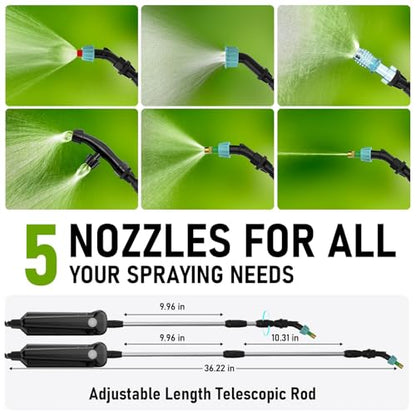 DEGGE Battery Powered Sprayer 2 Gallon, 7.4V Powerful Electric Pump Sprayer | Weed Killer Sprayers with Rechargeable Handle & 5 Mist Nozzles & Retractable Wand & Adjustable Strap for Lawn, Garden, Yard - color: White
