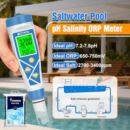pH Chlorine Tester, 8 in 1 pH&Salt Meter Saltwater Pool Hydrogen | H2 Water Tester, Digital pH H2 Salinity ORP Chlorine EC TDS Temp Meter for Hydrogen Water Bottle, Hydroponic, Aquarium