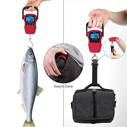 HEETA Fish Scale Digital Fishing Luggage Weight Scale with Measuring Tape | Up 110lb/50kg Portable Hanging Scale with Backlit LCD Display for Home Farm Outdoor Hunting Fishing, 2 AAA Batteries Included - color: Red
