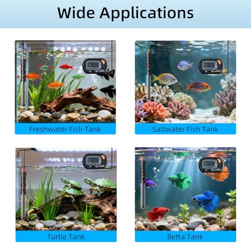 HiTauing Aquarium Heater 25W/50W/100W/200W/300W, Adjustable Knob Fish Tank Heater with Digital Thermometer, Submersible Betta/Turtle Tank Heater for Freshwater and Saltwater Tanks - size: 300W for 50-70 gallon