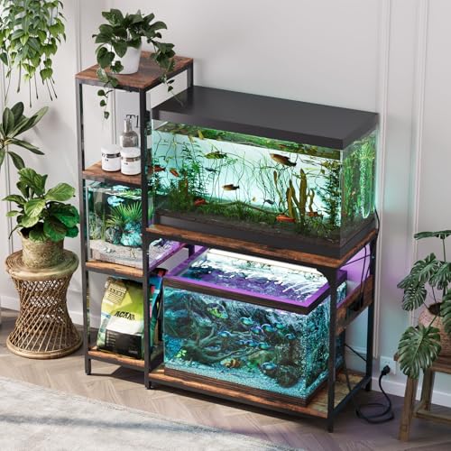 VOWNER 20-29 Gallon Fish Tank Stand with Power Outlet, Wood Aquarium Stand with Shelves for Fish Tank Accessories Storage, Heavy Duty Metal Frame, Turtle Reptile Terrarium Stand, Load 500lb, Brown - color: Brown