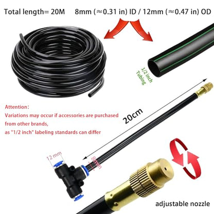 Automatic Greenhouse Drip Irrigation Kit – 20 Brass 360° Adjustable Nozzles, 65FT 1/2" Tubing & Misting System – Easy Setup & Water Saving for Hydroponics, Raised Beds, Flower Gardens & Outdoor Plants