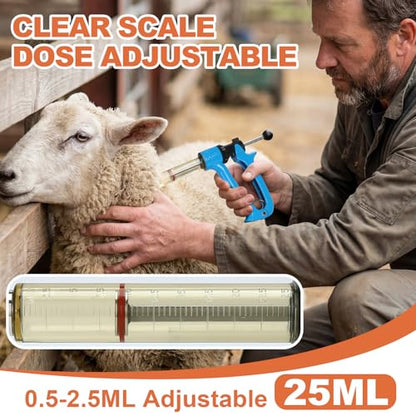 25ml Semi-Auto Repeating Livestock Syringe Gun, 5 Dose Settings | Ergonomic Grip, Clear Barrel & Luer Lock, Vet Injector for Cattle, Horses, Goats, Sheep & Pigs - color: Blue25ML
