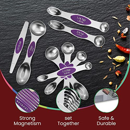 Magnetic Measuring Spoons Set of 9 Stainless Steel Dual-Sided Stackable Measuring Spoon Nesting Teaspoons Measuring Dry and Liquid Ingredients, Fits in Spice Jars Set of 9 (Purple) - color: Purple