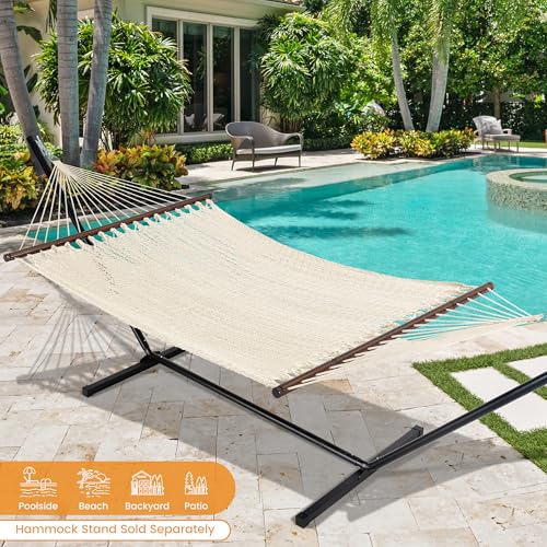 Lazy Daze Hammocks 13 FT Extra Large 2+ Person Caribbean Rope Hammock, Hand Woven Polyester XL Hammock with Spreader Bars, for Outside Outdoor Backyard Patio Poolside, 500 LBS Capacity, Gream - color: Gream