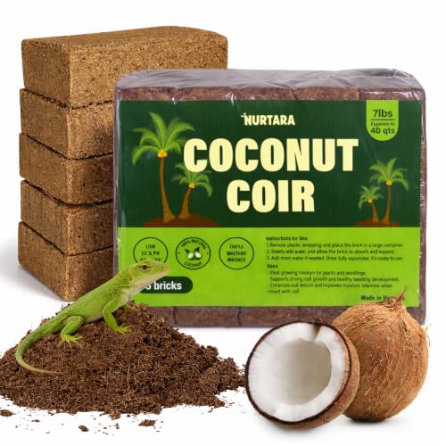Coconut Coir Bricks, 5 Pack, 7lbs Coco Peat for Plants and Reptiles | Expands to 40 qt, 5 compressed bricks, seed starting, potting mix base, low EC, pH balanced, made in Vietnam - size: 7 Lbs (Pack of 5)
