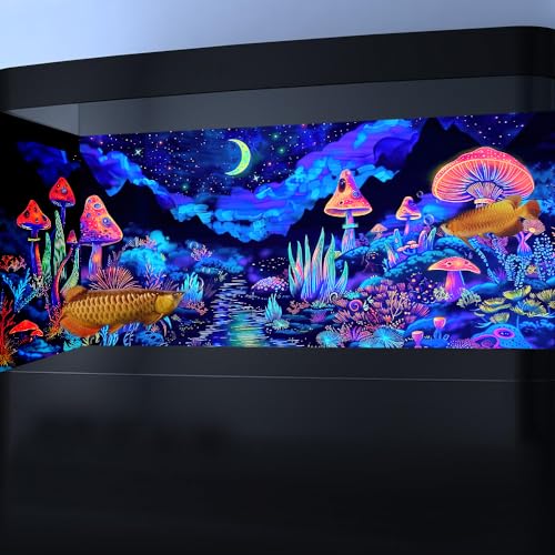 36X20IN Blacklight Mushroom Flower Black Light Aquarium Background, UV Fish Tank Background Moonlight Mountain Forest Landscape Terrarium Background with 10 EVA Double-Sided Tape - size: 36X20in/90X50cm