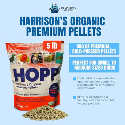 Harrison's Bird Foods HOPP Premium Pellets – Organic, Nutritionally Balanced Food for Small to Medium Pet Birds, Cold-Pressed, Low Fat, Vet-Developed, 5LB - size: 5 Pound (Pack of 1)