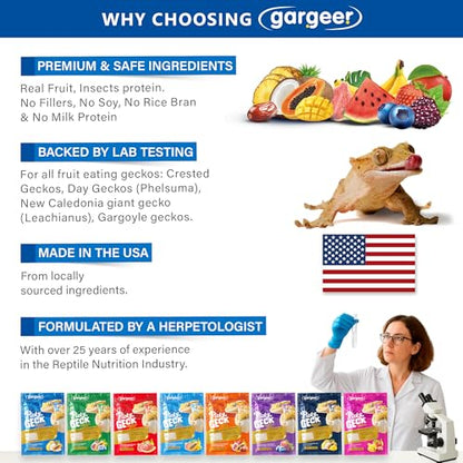 Gargeer 2.4oz Picky Geck 8 Sachet Flavours Crested Gecko Food Discovery Kit | Stop wasting food! Test 8 gourmet sachet flavors to win over picky geckos. Probiotic-infused, clean-label fruit & insect diet - size: 0.3 Ounce (Pack of 8)